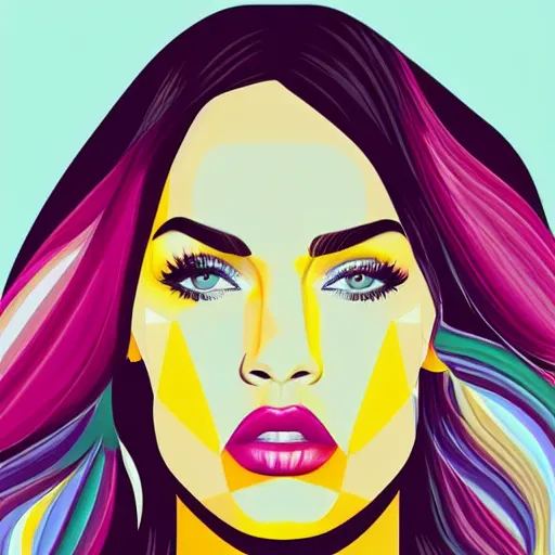 Prompt: megan fox colourful portrait by arunas kacinskas and mallory heyer, geometrical shapes and lines and small detailes, graphic design, sketch, minimalistic, procreate, digital illustration, vector illustration, doodle, pop, graphic, street art