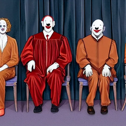 Prompt: 6 Clowns sitting with 3 Justices on the Supreme Court, photorealistic