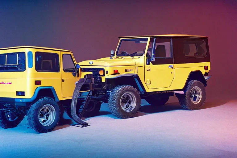 Prompt: studio photoshoot designed by giorgetto giugiaro of a single 1 9 8 8 fj 4 0 fairmont, thick neon lights, ektachrome photograph, volumetric lighting, f 8 aperture, cinematic eastman 5 3 8 4 film