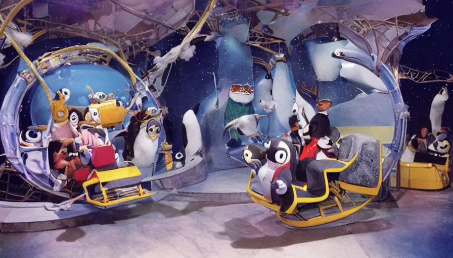 Image similar to 1990s photo of inside the Wild Space Penguin ride at Universal Studios in Orlando, Florida, riding a Penguin through space , cinematic, UHD