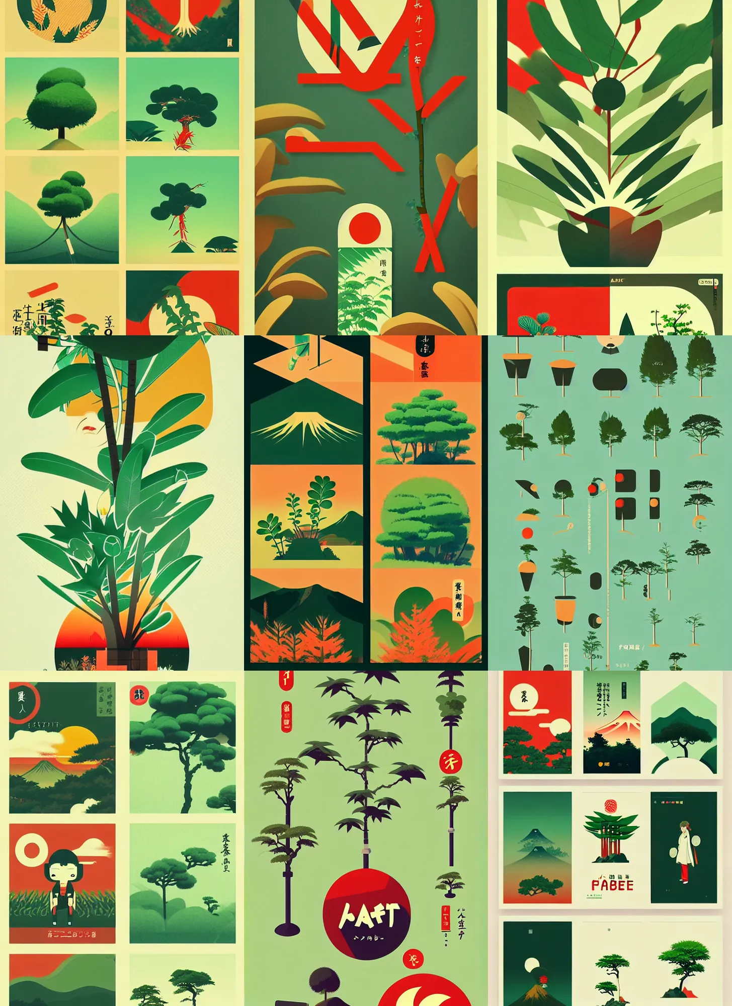 Prompt: game assets of plant and tree, kitbash, beautiful illustration of layout of japanese pop art, obi strip, poster, 8 0 s, album art, trendy typography, chillhop, lo - fi, logo, landscape, pinterest, dribble, influenced by retro and vintage, artstation, 8 k, user interface