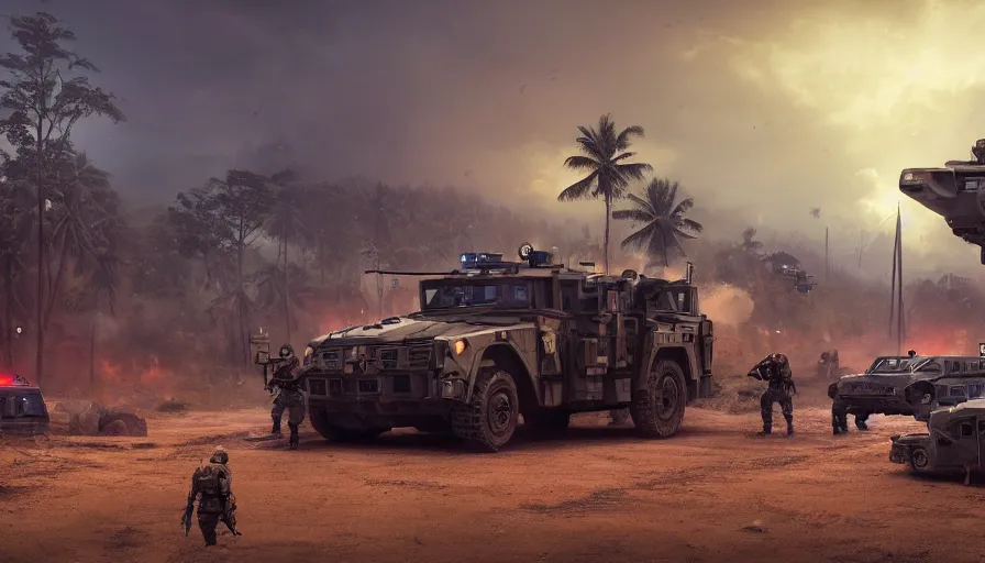 Image similar to a militarized police vehicle riding through a kerala village, troops searching the area, furious action scene, an epic fantasy, dramatic lighting, cinematic, establishing shot, extremely high detail, photorealistic, cinematic lighting, tending on artstation, solarpunk, matte painting, octane render, by simon stalenhag, horizon forbidden west, aesthetic