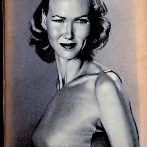 Image similar to “Naomi Watts portrait, color vintage magazine illustration 1950”