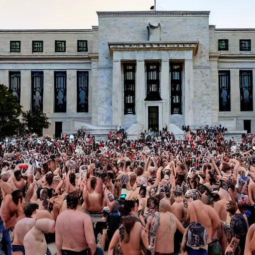 Prompt: 4 k a gigantic army of shirtless elon musks surrounding the federal reserve building during a protest among shirtless elon musks with torch lighting at dusk