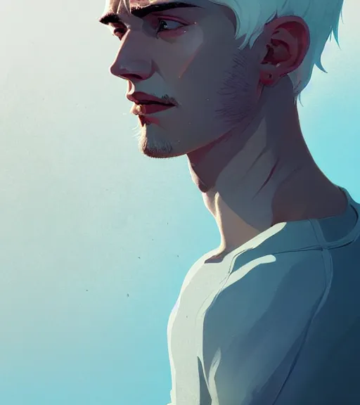 Image similar to portrait of a young man, raised on the island, white hair, face tatooes by atey ghailan, by greg rutkowski, by greg tocchini, by james gilleard, by joe fenton, by kaethe butcher, dynamic lighting, gradient light blue, brown, blonde cream and white color scheme, grunge aesthetic