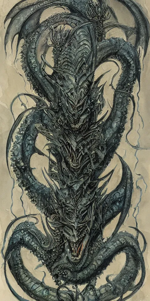 Image similar to a lovecraftian expressive water colour of a aetherpunk dragon by h. r giger in the style of oriental art, 8 k