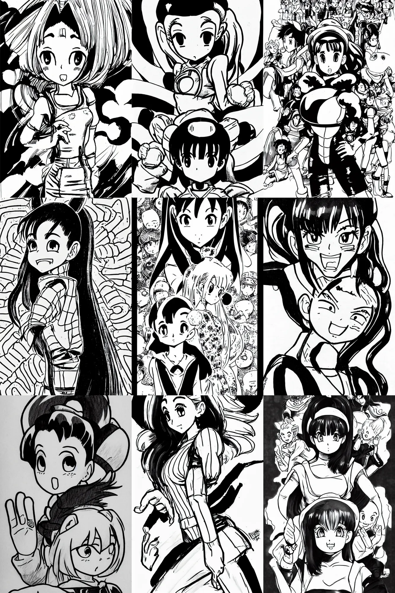 Prompt: Ariana Grande black and white manga sketch in the style of Akira Toriyama, Katsuhiro Otomo, Yusuke Murata, Junji Ito, Naoko Takeuchi, Kentaro Miura