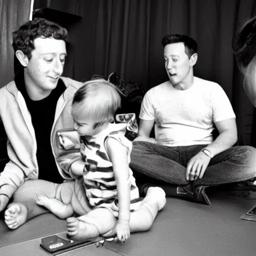 Image similar to baby mark zuckerberg playing sega genesis with baby elon musk while their parents look on. 3 5 mm photograph