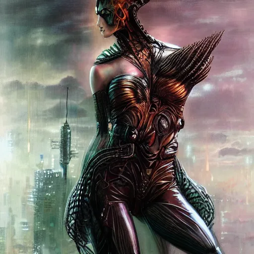 Image similar to a full body beautiful woman wearing a cyberpunk outfit by karol bak, ayami kojima, artgerm, sakimichan, hr giger, blue eyes, weapons, electronics, high tech, concept art, fantasy