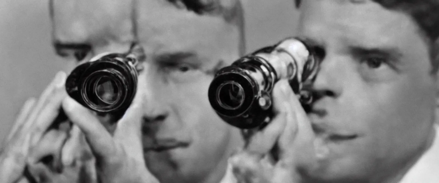 Image similar to detailed sharp portrait photograph in the style of popular science circa 1 9 5 5 of a young man in close up looking directly at lens through binoculars