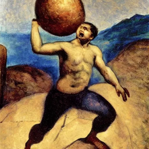 Image similar to a painting of benjamin netanyahu as sisyphus, carrying boulder, by franz stuck