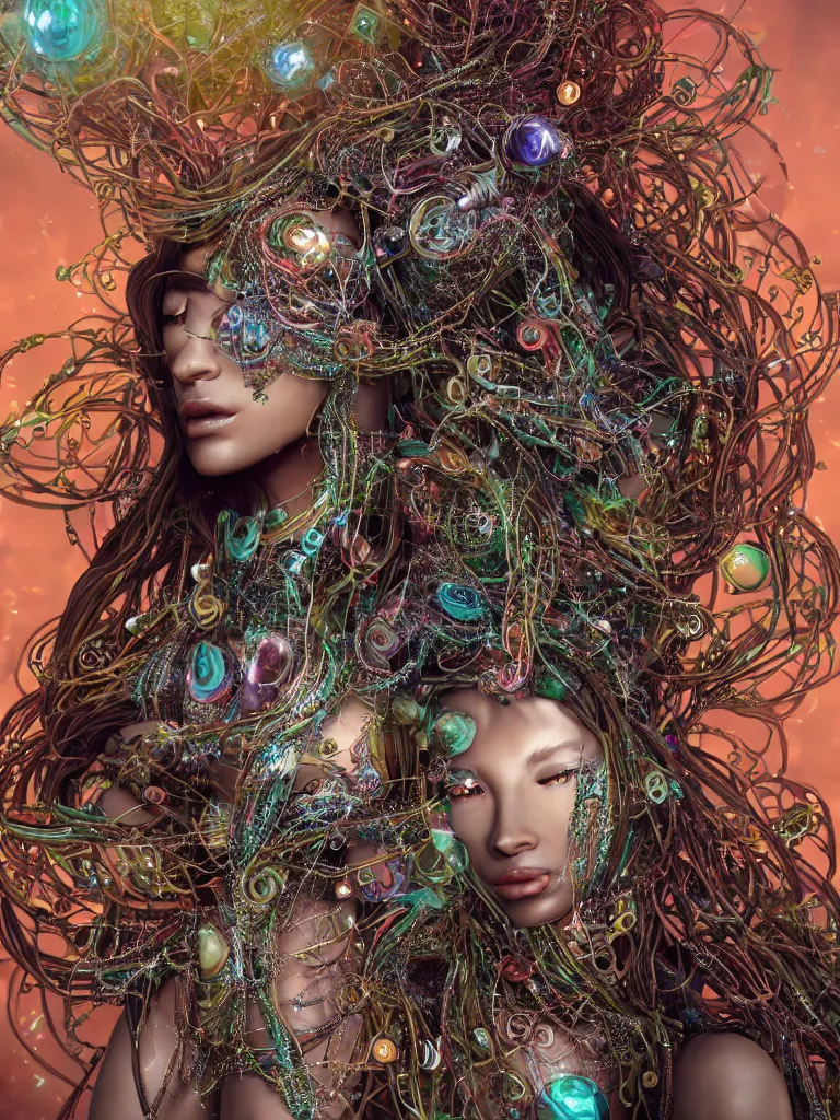 Prompt: a photo real centered image of a single beautiful tribal goddesses surrounded by intertwining bio - mech tendrils made of machine and robot parts and gemstones and leaves and feathers and incense smoke, full body, gorgeous face, perfect face, powerful, by james jean, by ross tran, 3 d, cinema 4 d render, trending on artstation, octane render, 8 k