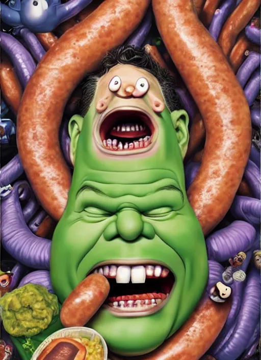 Prompt: hyperrealistic mark ruffalo caricature screaming on a dartboard surrounded by big fat frankfurter sausages with a trippy surrealist mark ruffalo screaming portrait on spitting image by Junji Ito and aardman animation, mark ruffalo caricature dartboard with hot dogs, mascot, target reticles, dart board