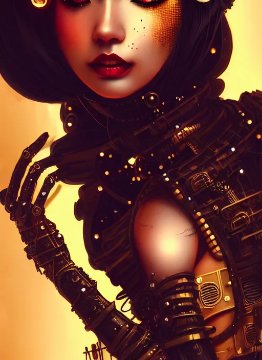Image similar to soft lustrous ebony geisha seductive raver gutter punk steampunk cyborg, golden ratio, details, scifi, fantasy, cyberpunk city, intricate, decadent, highly detailed, octane render, digital painting, artstation, concept art, sharp focus, illustration, art by artgerm, loish, wlop