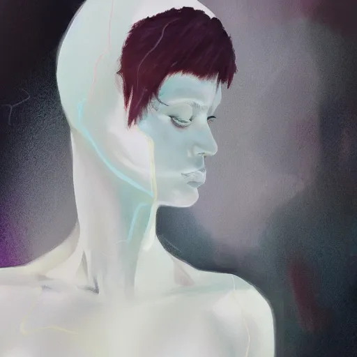 Prompt: androgynous human in a white liminal space, long shot photography, hyperrealistic concept art illustration, smeared acrylic paint