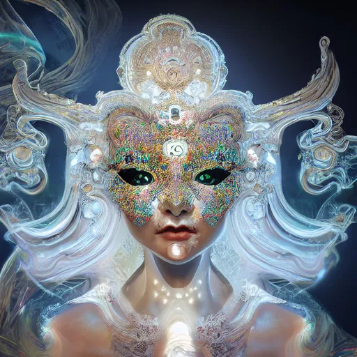 Image similar to highly detailed digital painting of a beautiful goddess by wlop, bright light emerging from her eyes, wearing venetian woman mask, sculpted in white opalescent marble, with lots of thin ornaments, disolving with a luminous background, curves and chaotic fractal art inlays, intricate, 8 k, white box, cinematic light, high aperture, background atmospheric effects