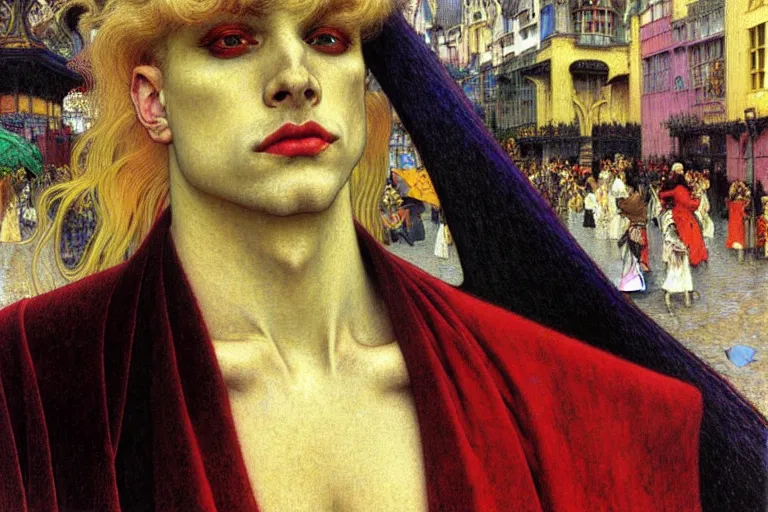 Image similar to realistic extremely detailed closeup portrait painting of an elegant blond male vampire in a cape, detailed crowded crowded city street on background by Jean Delville, Amano, Yves Tanguy, Ilya Repin, Alphonse Mucha, William Holman Hunt, Ernst Haeckel, Edward Robert Hughes, Roger Dean, rich moody colours