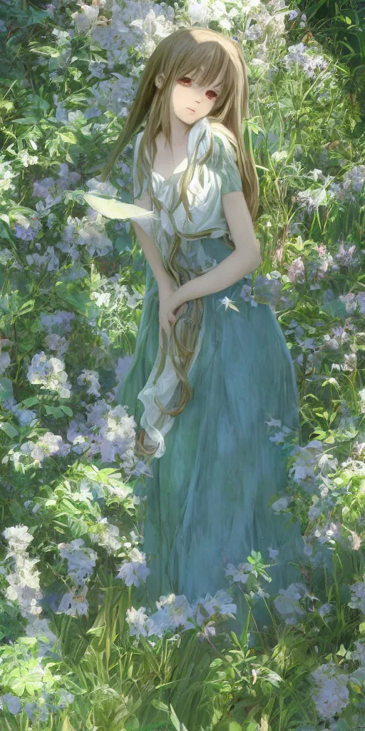 Image similar to a digital art of loli with long hair in a dress in the privet garden at after noon, green and warm theme, blue accents, low angle, back lighting, highly detailed, 4 k resolution, trending on art station, by krenz cushart and mucha and akihito yoshida and greg rutkowski and