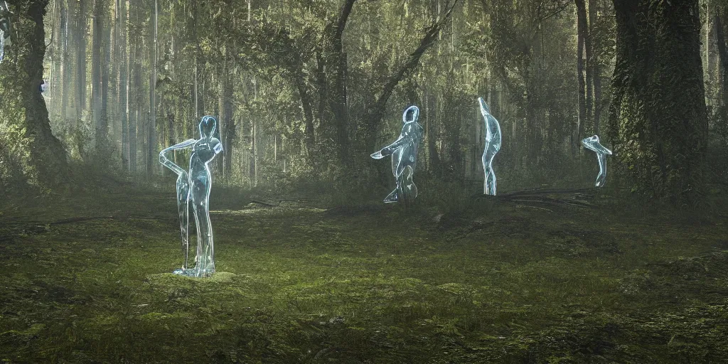 Image similar to a transparent glas statue on a sunny day in a mossy forest. Hyperrelistic, concept art, unreal engine