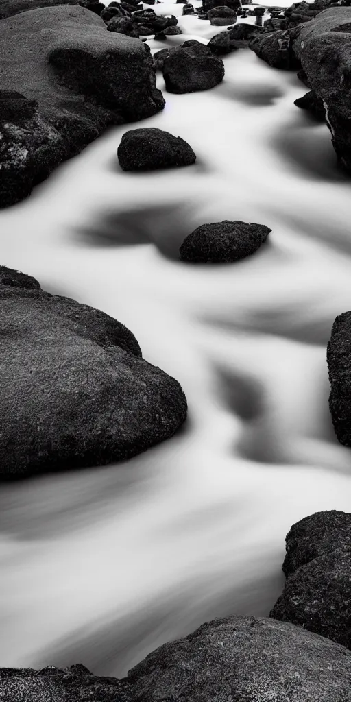 Prompt: minimalist black and white photograph of an icelandic, canyons, time exposure, of a river, large sharp rocks,