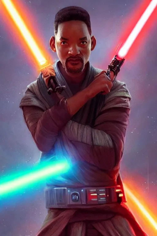 Image similar to will smith as a star wars jedi master, rainbow lightsaber, cinematic lighting, highly detailed, concept art, art by wlop and artgerm and greg rutkowski, masterpiece, trending on artstation, 8 k