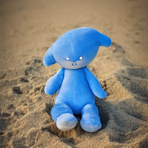 Prompt: blue'snappy gifts'plush doll, on beach sand, gifts, dark atmosphere, high detail, soft lighting, 8 k