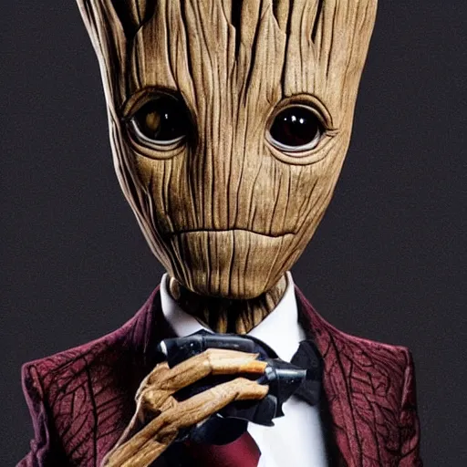 Image similar to realistic groot as a gentleman wearing tuxedo drinking wine, 1 0 0 mm, trending on artstation, behance, photorealistic, movie shot, studio lighting, 8 k