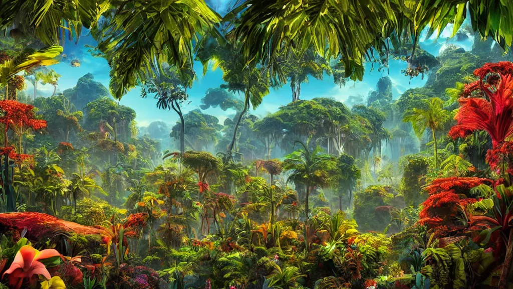 Prompt: first person perspective digital illustration of a vibrant jungle landscape with colorful flora and fauna by industrial light and magic:1|wide angle panoramic by beeple and Roger Dean, viewed from eye level:0.9|fantasy, cinematic:0.9|Unreal Engine, Octane, finalRender, devfiantArt, artstation, artstation HQ, behance, HD, 16k resolution:0.8