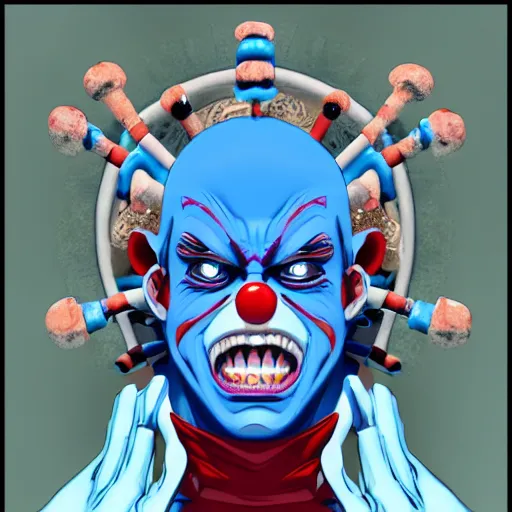 Image similar to 4K headshot of godlike clown with blue skin and defined arms and open hands and bloody clothes with giant mandala wings , intricate face , flawless anime cel animation by Kentaro Miura, psychedelic , highly detailed upper body , professionally post-processed , beautiful, scary, symmetry accurate features, epic, octane rendered, anime masterpiece, accurate