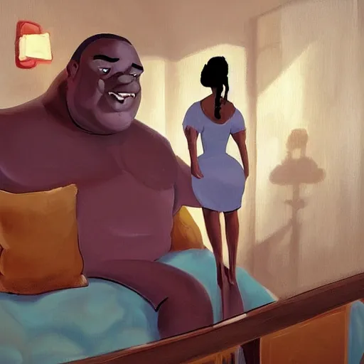 Image similar to stunning, coherent, beautiful painting, still of a giant man following a beautiful black bbw woman into her bedroom , she is taking a selfie of the creepy man is following her, 3d, in the style of pixar, comic book style, 3d, highly detailed, highly detailed, sharp focus, bokeh, depth of field, 16k resolution, Unreal Engine 5, coherent, cinematic lighting, photorealistic, by Zhang Jingna