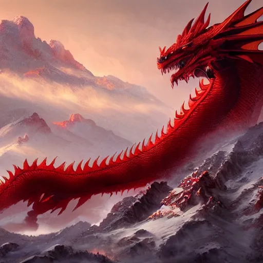 Image similar to a giant red dragon sitting on blizzardy mountains, Matte painting , detailed painting, made by Greg Rutkowski, 4k resolution, atmospheric, extremely high detail