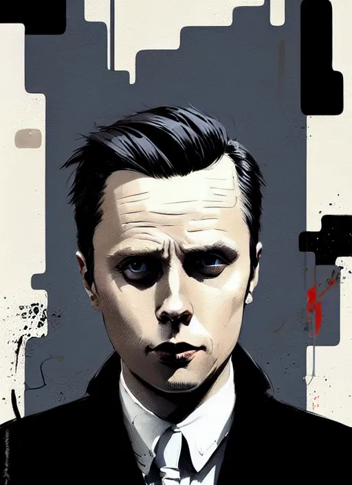 Image similar to highly detailed closeup portrait of martin wallstrom, tyrell wellick, slick back hair wearing suit by atey ghailan, by greg rutkowski, by greg tocchini, by james gilleard, by joe fenton, by kaethe butcher, gradient blue, black and white color scheme, grunge aesthetic!!! ( ( graffiti tag wall background ) )