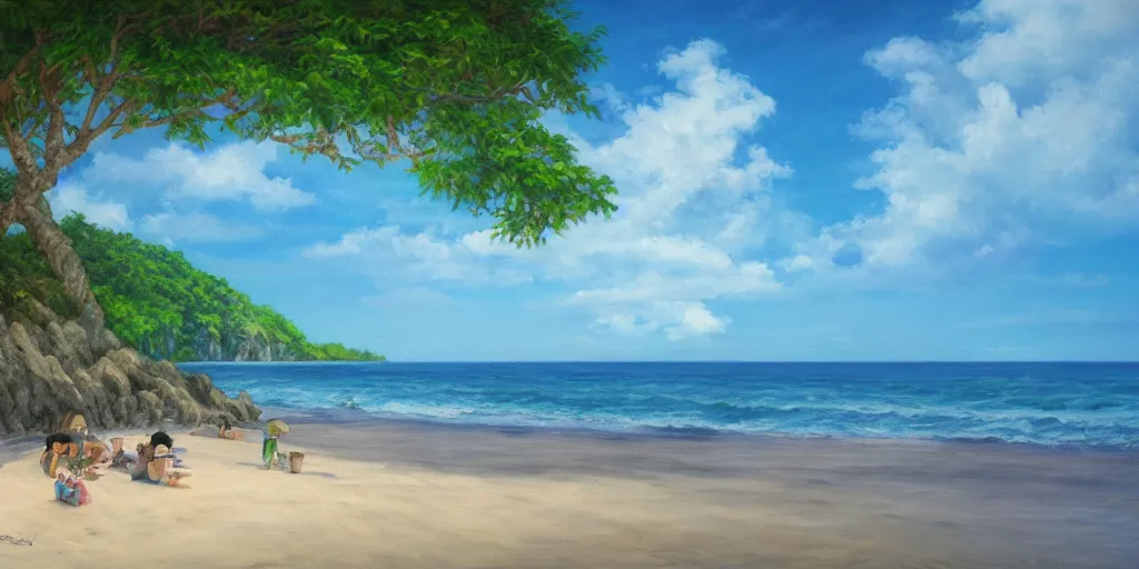 Image similar to a beach, studio Ghibli, cinematic lighting, detailed oil painting, hyperrealistic, 8k