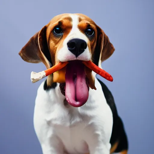 Prompt: “black and tan coloured beagle holding a blue bone in its mouth, fine art, vivid, high quality”