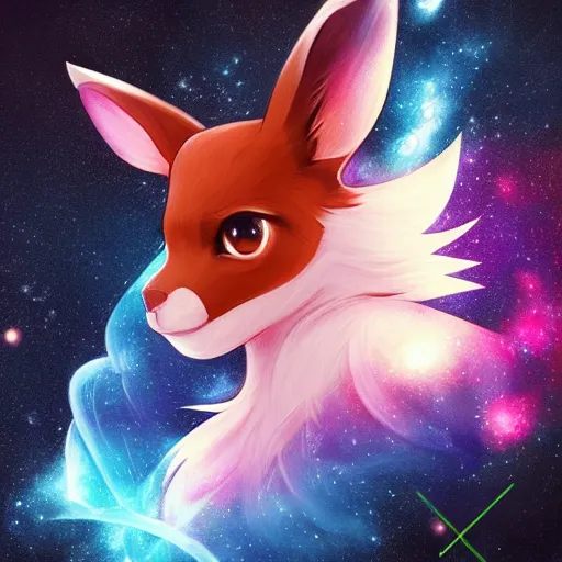 Prompt: geometric symmetrical eevee with galaxy eyes in space, nebula in the background, intricate, elegant, highly detailed, digital painting, artstation, concept art, smooth, sharp focus, illustration, art by artgerm