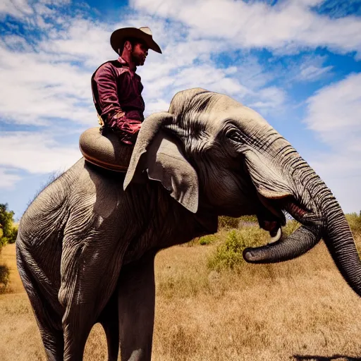 Image similar to photo of a cowboy atop his elephant steed, 8K
