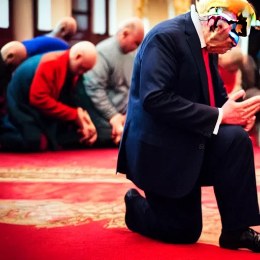 Image similar to Trump praying in mosque, award winning cinematic photography, 50 mm, blurred background, perfect faces