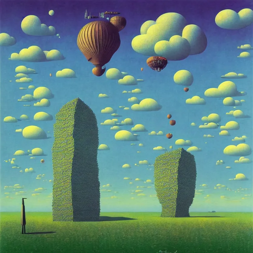 Image similar to surreal glimpse into other universe, mahanakorn tower with airship floating sky, summer morning, very coherent and colorful high contrast, art by! gediminas pranckevicius, rene magritte! paul klee geof darrow, volumetric lighting, cinematic, floralpunk screen printing woodblock, dark shadows, hard lighting, stipple brush