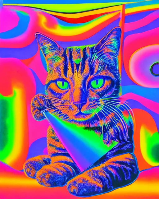 Image similar to a giant contraption for probing and amplifying the thoughts of a fluffy cat, exhibited and touted by its inventor at a county fair in rural Kansas, a Victorian lithograph, by Felipe Pantone, Lisa Frank