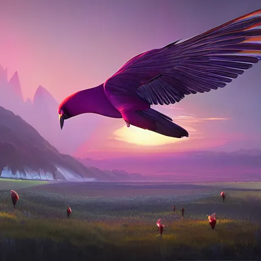 Prompt: night panoramic bird hyper realism nature photography fantasy octane render rich by syd mead, lisa frank, rhads, greg rutkowski, moebius