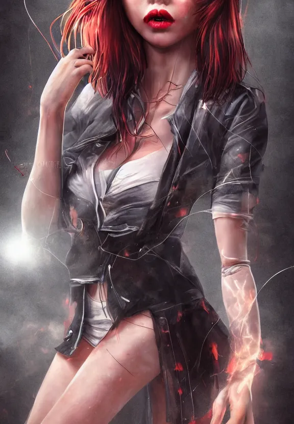 Prompt: full body photography digital illustration of a girl with eyes that burn like cigarettes wearing a short skirt and a long jacket with fingernails that shine like justice, dramatic lighting, photorealistic, full body portrait, detailed anatomy, extreme detail, 4 k, colorful, artgerm and ben lo, detailed face, f / 2. 8