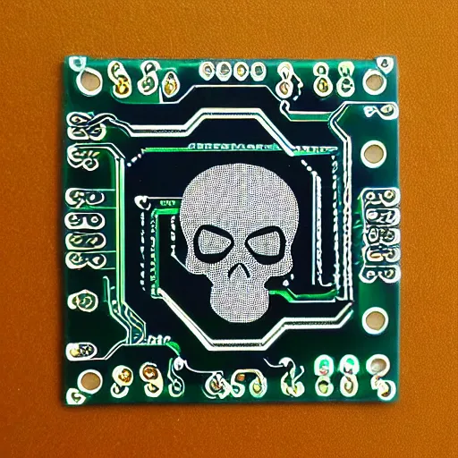 Prompt: “digital printed circuit board in shape of skull”