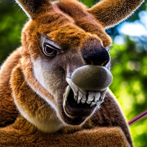 Image similar to a close up photograph of anthropomorphic samurai Kangaroo, Jungle Background, 40mm lens, focused