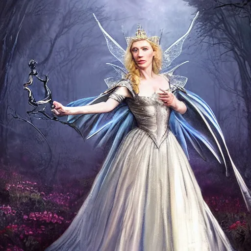 Prompt: portrait of puckish, dangerous Cate Blanchett's Galadriel as a queen of fairies, dressed in a beautiful silver dress. The background is a dark, creepy eastern europen forrest. night, horroristic shadows, high contrasts, lumnious, theatrical, character concept art by ruan jia, thomas kinkade, and J.Dickenson, trending on Artstation