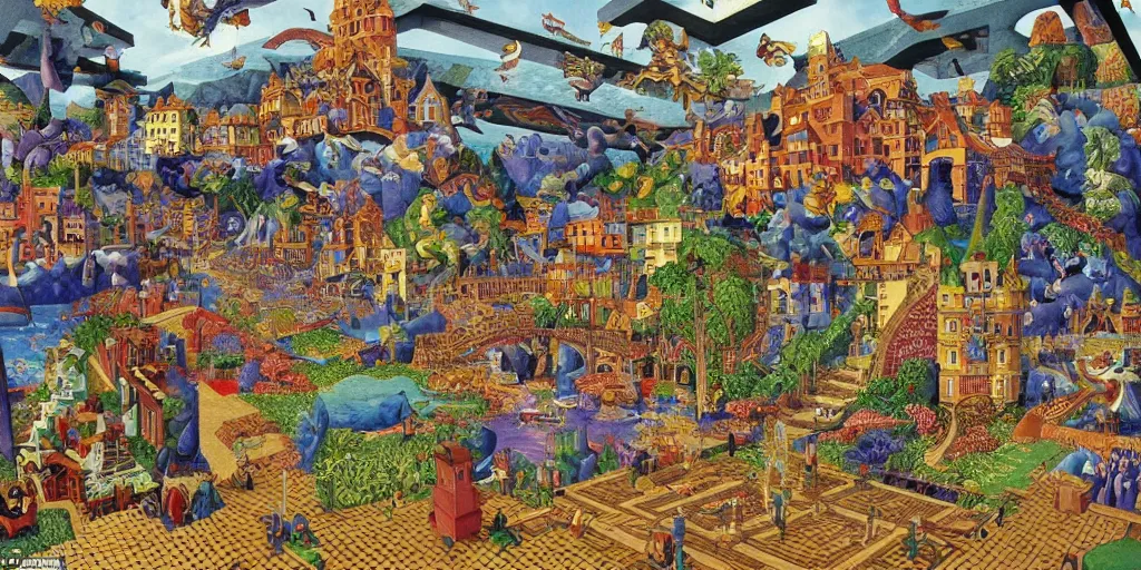 Image similar to the last virtual art museum in a 9 0's video game, made in 1 9 9 0, in the style of mc escher and heironymus bosch, colorful intricate masterpiece, hyper detailed