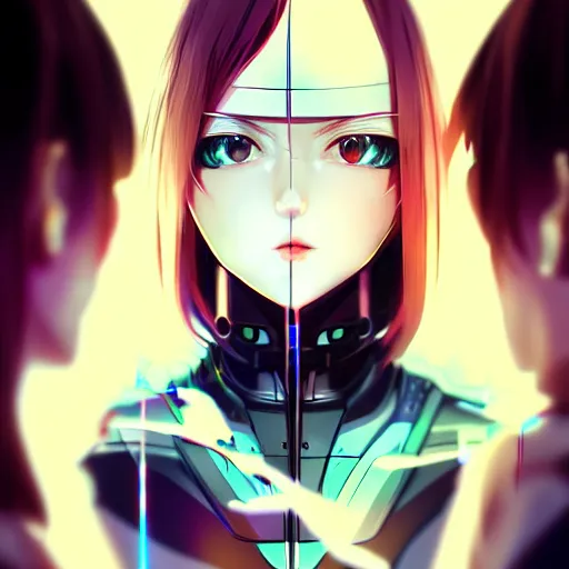 Image similar to digital anime, cyborg - girl breaking a mirror, mechanical insides, reflections, wlop, ilya kuvshinov, artgerm