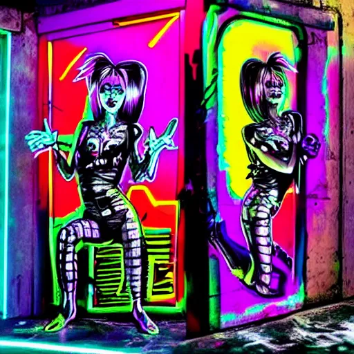 Prompt: die antwoord inside a dark house zef design graffiti, neon uv lighting