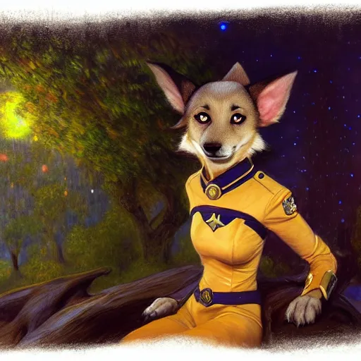 Image similar to a portrait of a female dog dogwoman canine in starfleet uniform at night in a dark forest. zootopia fursona furaffinity furry art detailed face painting by gaston bussiere craig mullins jc leyendecker gustav klimt artgerm greg rutkowski furry