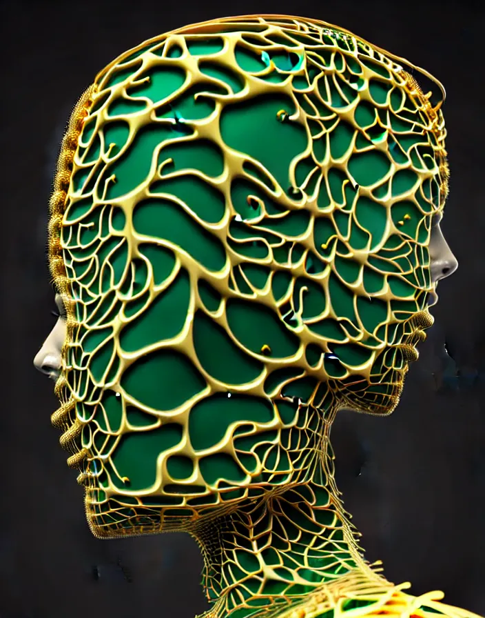 Prompt: complex 3 d render of a beautiful symmetric porcelain cyberpunk ai face, green and gold, fractal veins, vegetal dragon cyborg, 1 5 0 mm, beautiful natural soft light, rim light, silver gold fractal details, roots, fine lace, mandelbot fractal, anatomical, glass, facial muscles, elegant, ultra detailed, metallic armor, octane render