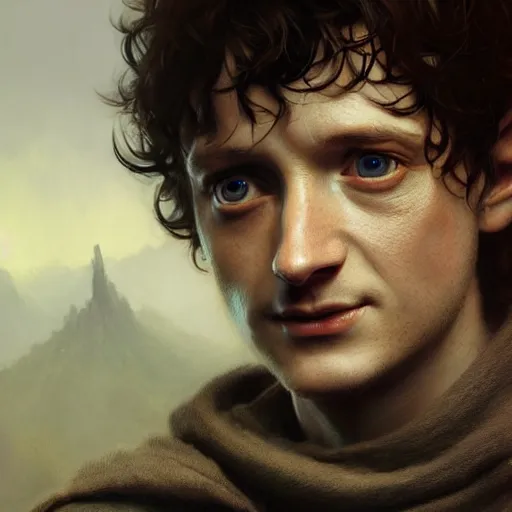 Image similar to selfie of frodo, fine detailed face, long curly hair, stunning 3 d render inspired art by greg rutkowski and xiang duan and thomas eakes, realistic, highly detailed attributes and atmosphere, dim volumetric cinematic lighting, 8 k octane detailed render, post - processing, masterpiece